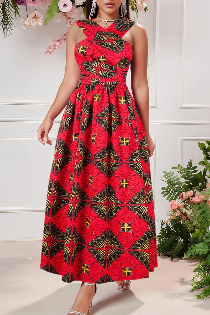 Vimoisa Women Sexy Boho African Dress Long Maxi Dress V-Neck Multi-Way Dress Pleated Dress Floral Print - Image 3